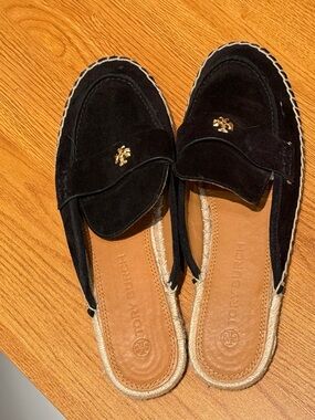 Tory Burch Black Suede Espadrille Mule with Gold Logo